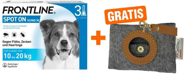 Frontline Spot On Hund M 10-20 kg 3 Pipetten + gratis Frontline Hundekotbeutelspender
