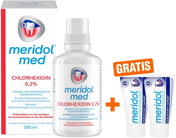 Meridol med Chlorhexidin 0,2% Lösung 2 x 300 ml + gratis Meridol Parodont Expert Zahnpasta 2 x 20 ml