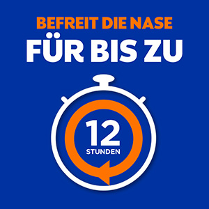 Gezeigt wird ein Wecker, in dem steht: zwölf Stunden. Darüber der Text lautet: Befreit die Nase für bis zu.