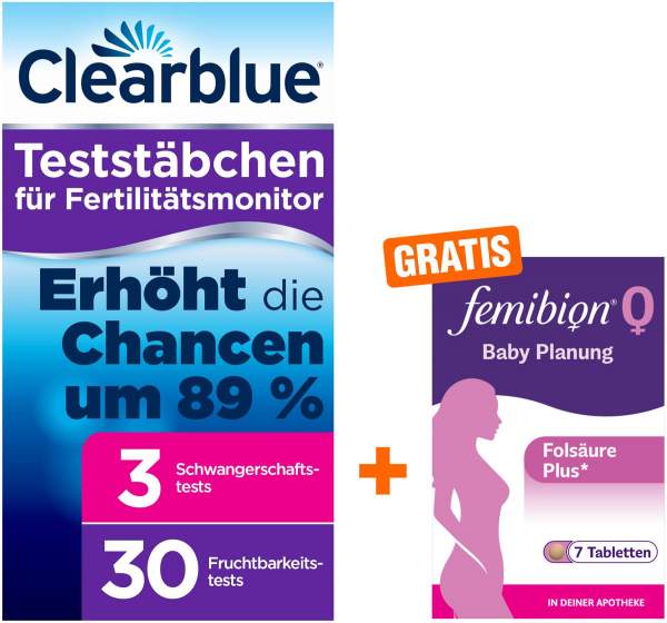 Clearblue Advanced Teststäbchen für Fertilitätsmonitor 33 Stück + gratis Femibion 0 7 Tage Kombipackung