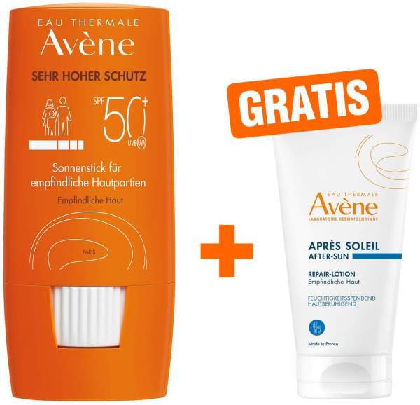Avene Sunsitive Sonnenstick 50+ empfindliche Hautpartien + gratis Repair-Lotion nach der Sonne 50 ml
