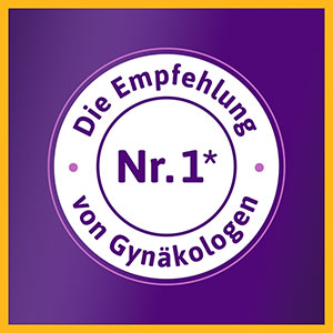 Femibion: Die Nummer 1 Empfehlung von Gynäkologen, hervorgehoben in einem kreisförmigen Siegel auf lila Hintergrund.