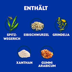 Auf blauem Hintergrund werden die Inhaltsstoffe abgebildet: Spitzwegerich, Eibischwurzel, Grindelia, Xanthan und Gummi Arabicum