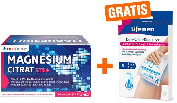 Magnesium Citrat XTRA Medibond 90 Kapseln + gratis Sofort Kühl Kompresse 1 Stück