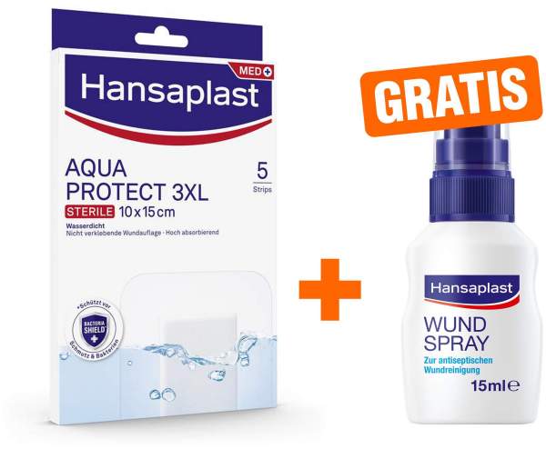 Hansaplast Aqua Protect 3XL 10 x 15 cm 5 Pflaster + gratis Hansaplast Wundspray zur Wundreinigung 15 ml