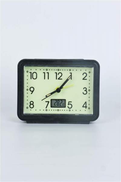 Nachleuchtender Wecker schwarz mit Temperaturanzeiger rechteckig