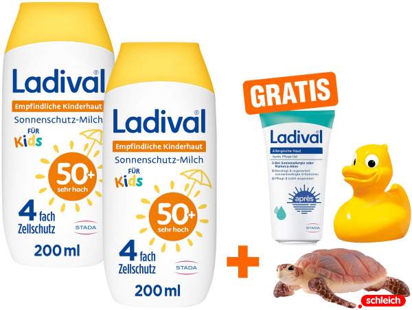 Ladival empfindliche Kinderhaut Milch LSF 50+ 2 x 200 ml + gratis Schleich® Schildkröte + gratis Ente + gratis Lotion