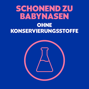 Rosa Text auf blauem Hintergrund: Schonend zu Babynasen, ohne Konservierungsstoffe. Gezeigt wird auch ein rosafarbenes Reagenzglas.