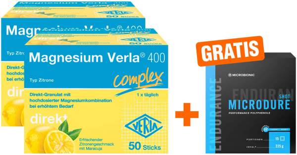 Magnesium Verla 400 Complex Direkt Granulat 2 x 50 Stück + gratis Microbionic Microdure Shot 15 Sachets