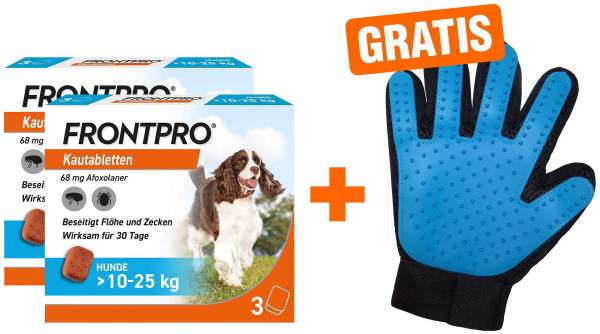 Frontpro 68 mg für Hunde 10-25 kg 2 x 3 Kautabletten + gratis Fellhandschuh 1 Stück