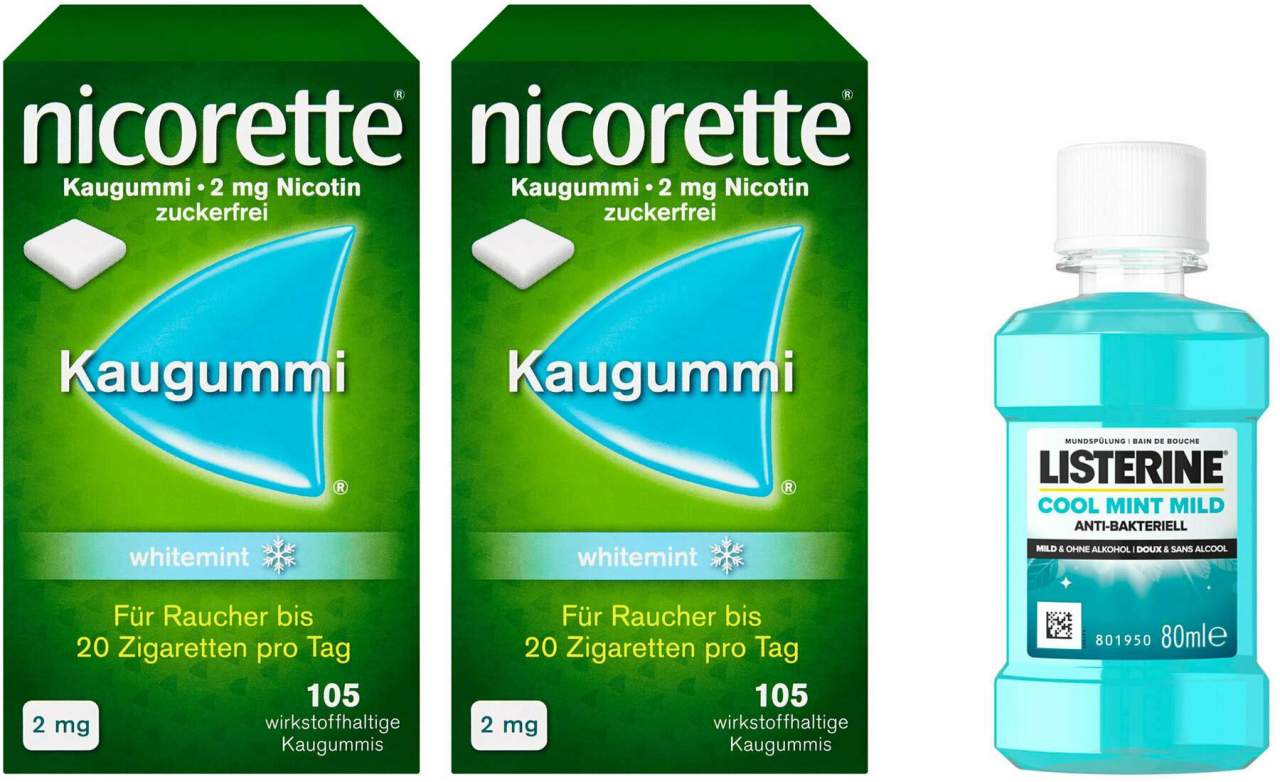 Nicorette Kaugummi 2 mg whitemint 2 x 105 Stück + gratis Listerine Cool Mint 80 ml