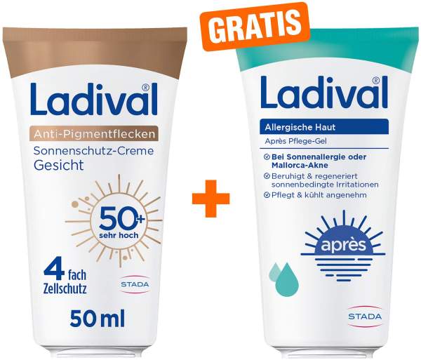 Ladival Anti-Pigmentflecken Sonnenschutz-Creme Gesicht LSF 50+ 50 ml + gratis allergische Haut Apres Pflege Gel 50 ml