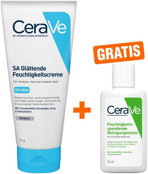 CeraVe SA Urea Glättende Feuchtigkeitscreme 177 ml + gratis Feuchtigkeitsspendende Reinigungslotion 20 ml