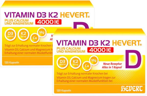 Vitamin D3 K2 Hevert + Calcium und Magnesium 4000IE 2 x 120 Kapseln