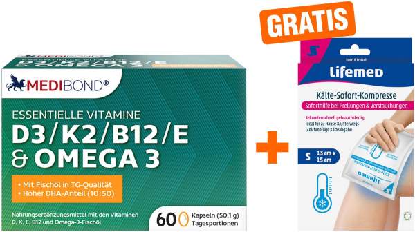MEDIBOND D3, K2, B12, E &amp; Omega 3 + gratis Kälte Kompresse