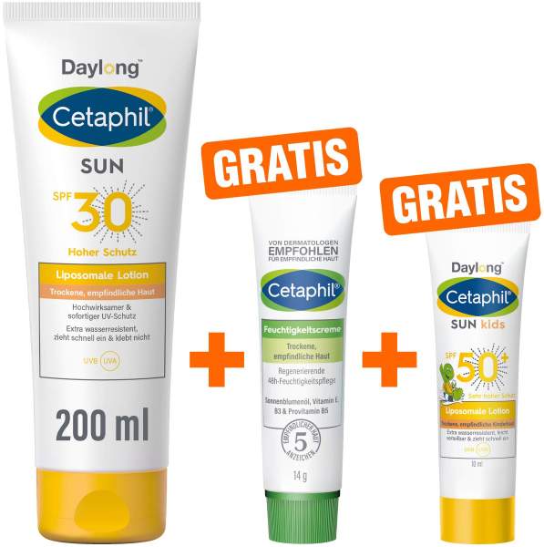 Cetaphil Sun Daylong SPF 30 liposomale Lotion 200 ml + gratis Feuchtigkeitscreme 14 g + gratis liposomale Lotion 10 ml