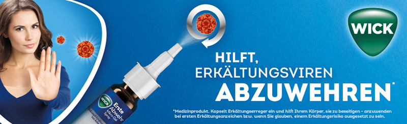 Eine Frau hält abweisend ihre Hand nach vorne. Der Sprühstoß von WICK Erste Abwehr Mikro-Gel Spray umschließt Viren. Der Text sagt: Hilft, Erkältungsviren abzuwehren.