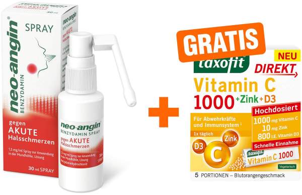 Neo Angin Benzydamin akute Halsschmerzen Spray 30 ml + gratis Taxofit Vitamin C 1000 direkt Granulat 5 Beutel
