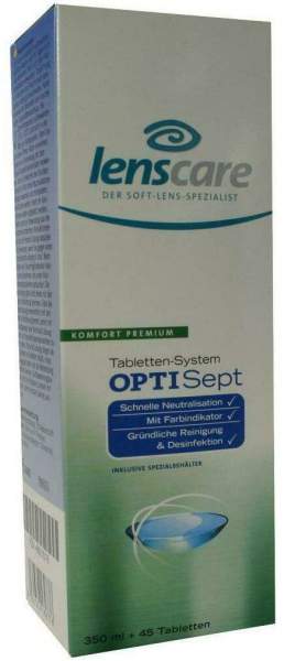 Lenscare Optisept Kombipackung 350 ml + 45 Tabletten + 1 Behälter