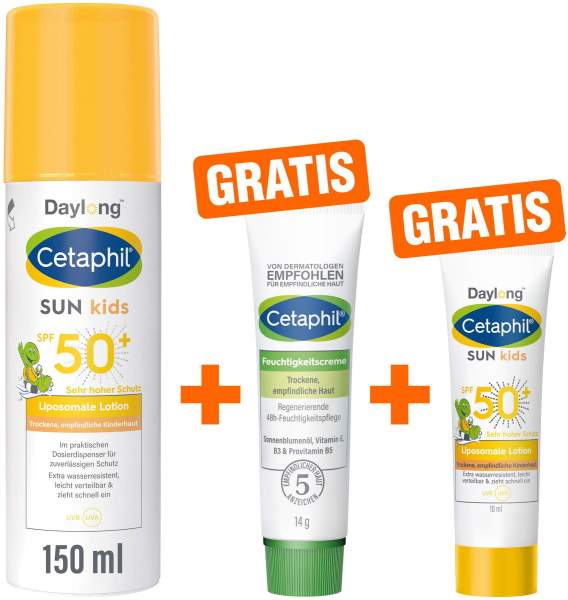 Cetaphil Sun Daylong Kids SPF 50+ liposomale Lotion 150 ml + gratis Feuchtigkeitslotion 14 g + gratis Lotion 10 ml