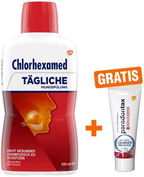 Chlorhexamed Tägliche Mundspülung 0,06 % 500 ml + gratis Parodontax Complete Protection 15 ml