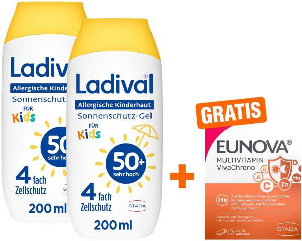Ladival allergische Kinderhaut Gel LSF 50+ 2 x 200 ml + gratis Eunova VivaChrono 2 x 10 Tabletten