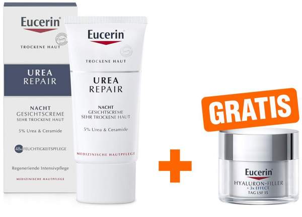 Eucerin UreaRepair Nacht Gesichtscreme 5% 50 ml + gratis Anti Age Hyaluron Filler Tagespflege LSF 15 20 ml