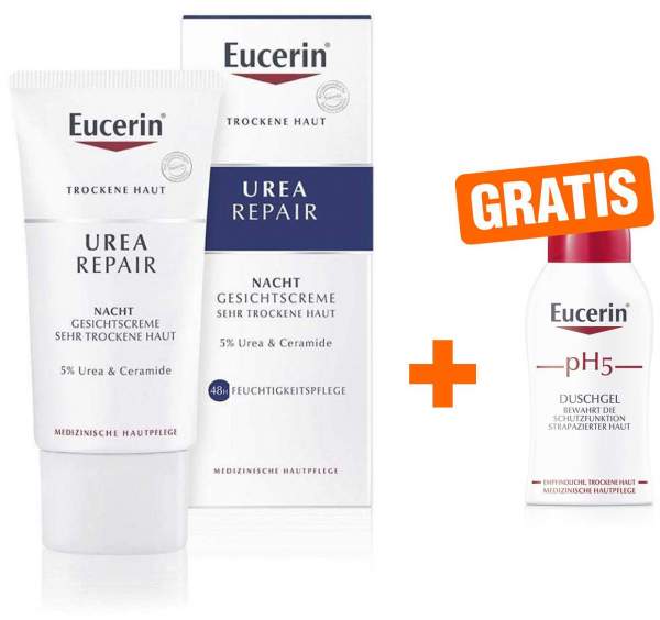 Eucerin UreaRepair Gesichtscreme Nacht 5% 50 ml + gratis ph 5 empfindliche Haut Duschgel 50 ml