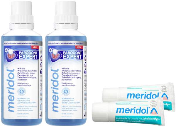 Meridol Parodont-Expert Mundspülung 2 x 400 ml + gratis Meridol Zahnpasta 2 x 20 ml