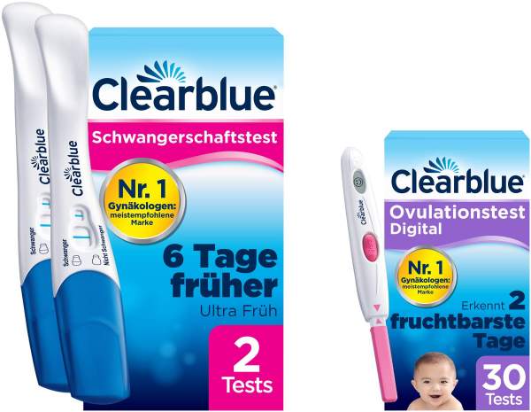 Clearblue Schwangerschaftstest Frühtest frühe Erkennung 2 Stück + Clearblue Kinderwunsch Ovaluationstests Digital 30 Stk