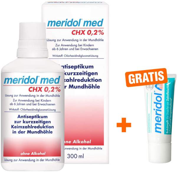 Meridol med CHX 0,2% 300ml Spülung + gratis Zahnpasta 20 ml