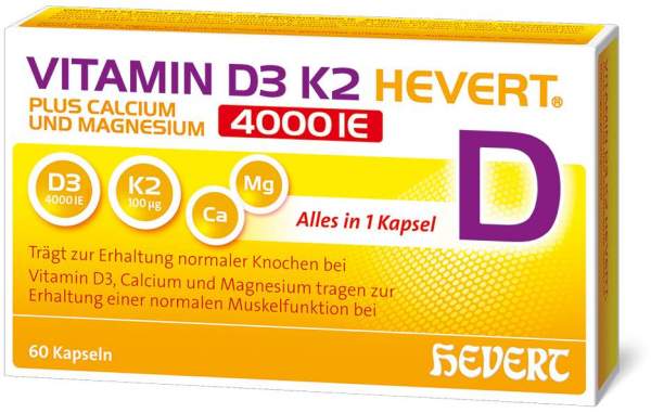 Vitamin D3 K2 Hevert + Calcium und Magnesium 4000IE 60 Kapseln