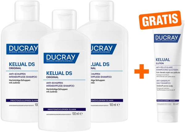 Ducray Kelual DS Shampoo 3 x 100 ml + gratis Elution ausgl. Shampoo 100 ml