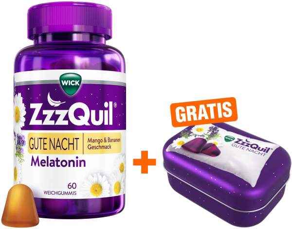 Wick ZzzQuil Gute Nacht Mango &amp; Banane 60 Weichgummis + gratis Wick ZzzQuil Reise-Dose 1 Stück