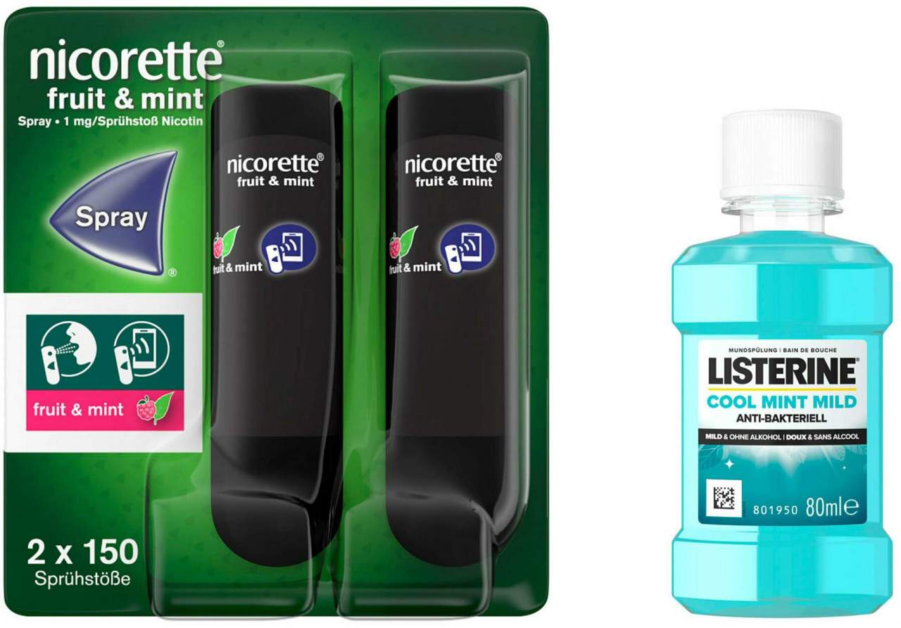 Nicorette Fruit & Mint Spray 1 mg 2 Stück + gratis Listerine Cool Mint 80 ml