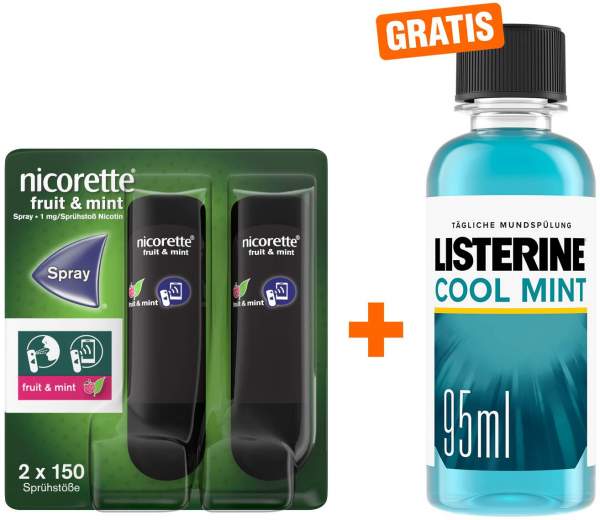 Nicorette Fruit &amp; Mint Spray 1 mg 2 Stück + gratis Listerine Cool Mint 95 ml