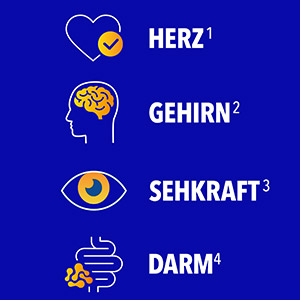 Bion3 unterstützt Herz, Gehirn, Sehkraft und Darm, wird durch Symbole visuell hervorgehoben.