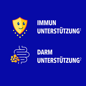 Bion3 unterstützt das Immunsystem (Schild-Symbol) und den Darm (Darm-Symbol), wie visuell hervorgehoben.