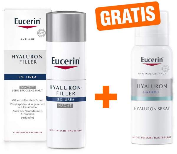 Eucerin Hyaluron Filler Urea Nachtpflege 50 ml Creme + gratis Anti Age Hyaluron Spray 50 ml