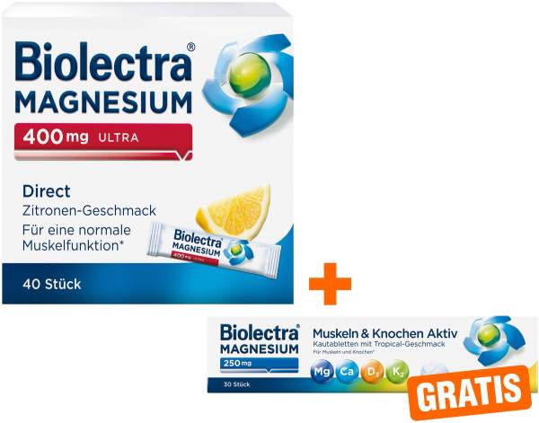Biolectra Magnesium 400 mg ultra Direct Zitronengeschmack 40 Pellets + gratis Magnesium 250 mg 30 Kautabletten