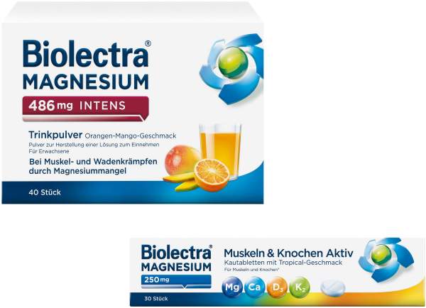 Biolectra Magnesium 486 mg intens Trinkpulver Orange-Mango 40 Stück + gratis Biolectra Magnesium 250 mg 30 Kautabletten