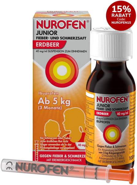Nurofen Junior Fieber- &amp; Schmerzsaft Erdbeer 40 mg pro ml 100 ml Suspension