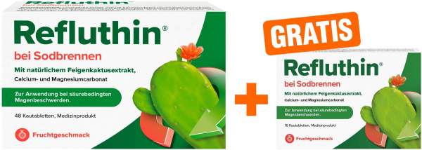 Refluthin Kautabletten Fruchtgeschmack 48 Stück + gratis 16 Kautabletten