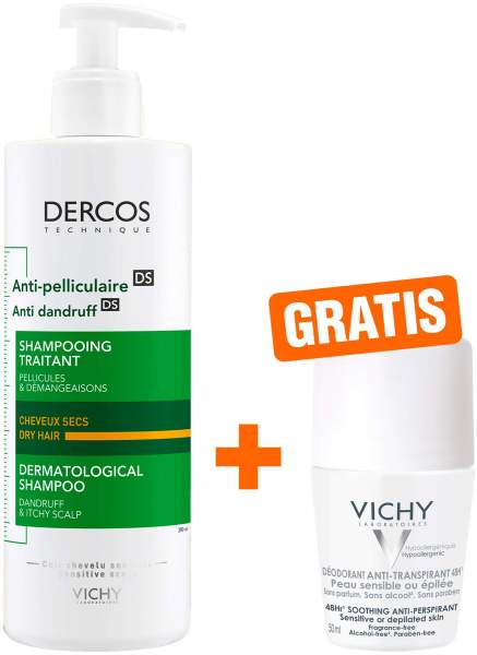 Vichy Dercos Anti-Schuppen Shampoo Trockene Kopfhaut 390 ml + gartis Vichy Deo Roll-on Anti Flecken 48h 50ml