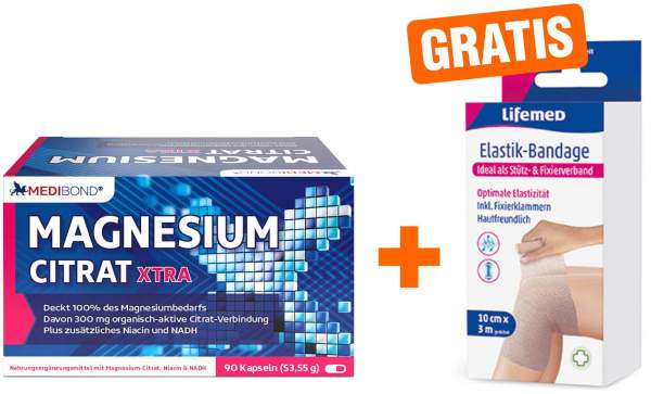 Magnesium Citrat XTRA Medibond 90 Kapseln + gratis ELASTIK-Bandage 10 cm x 3 m &amp; Fixierklammern