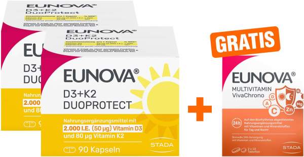 Eunova DuoProtect D3 + K2 2000 I.E. 2 x 90 Kapseln + gratis Eunova VivaChrono 2 x 10 Tabletten