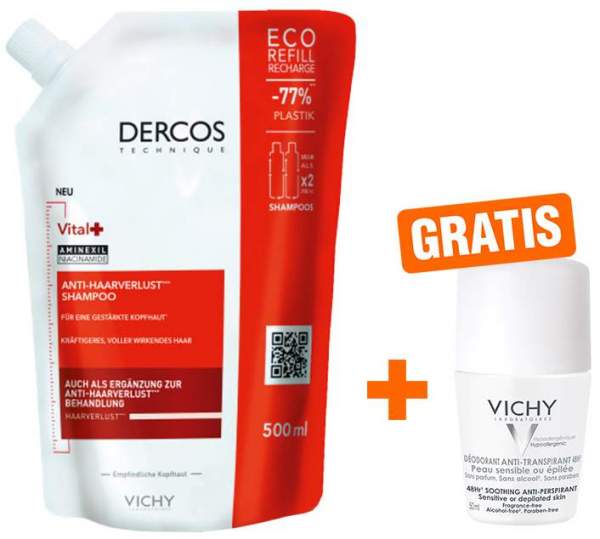 Vichy Dercos Vital-Shampoo+ Nachfüllpack 500 ml + gratis Deo Roll-On Ant Flecken 48h 50 ml