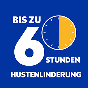Gezeigt wird eine Uhr und weißer Text auf blauem Hintergrund: bis zu sechs Stunden Hustenlinderung.