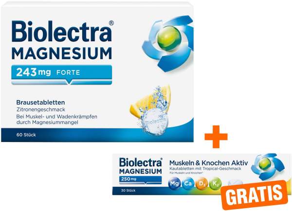 Biolectra Magnesium 243 mg forte Zitronengeschmack 60 Brausetabletten + gratis Magnesium 250 mg 30 kautabletten