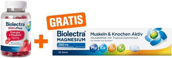 Biolectra AktivPlus Energie &amp; Muskeln Erdbeere 60 Weichgummis + gratis Biolectra Aktiv Magnesium 250 30 Kautabletten